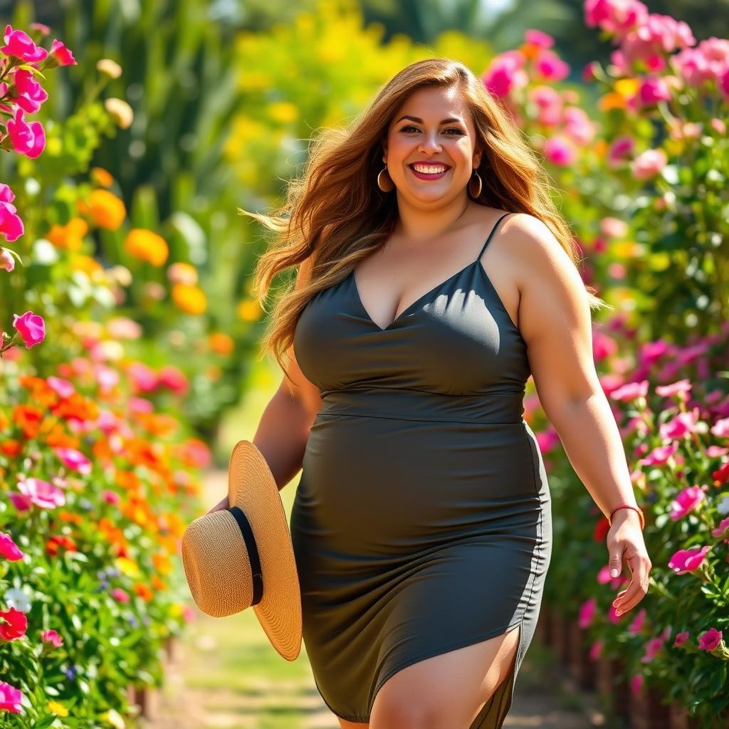A voluptuous, curvy woman in her 30s with long flowing hair, wearing a stylish summer dress that hugs her figure, smiling joyfully in a sunlit garden filled with blooming flowers