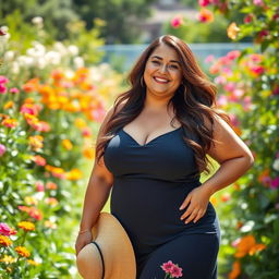 A voluptuous, curvy woman in her 30s with long flowing hair, wearing a stylish summer dress that hugs her figure, smiling joyfully in a sunlit garden filled with blooming flowers