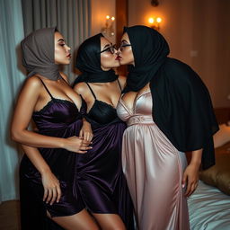 A sensual and enticing scene featuring three young women in luxurious nightgowns