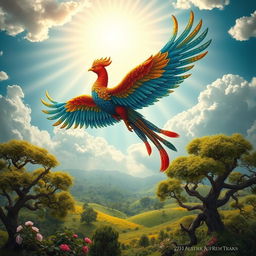 A majestic Simurgh, a mythical Persian bird, soaring gracefully through a radiant sky