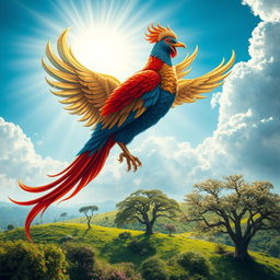 A majestic Simurgh, a mythical Persian bird, soaring gracefully through a radiant sky