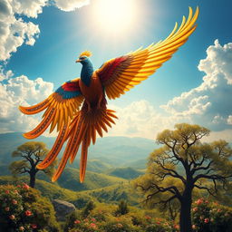 A majestic Simurgh, a mythical Persian bird, soaring gracefully through a radiant sky