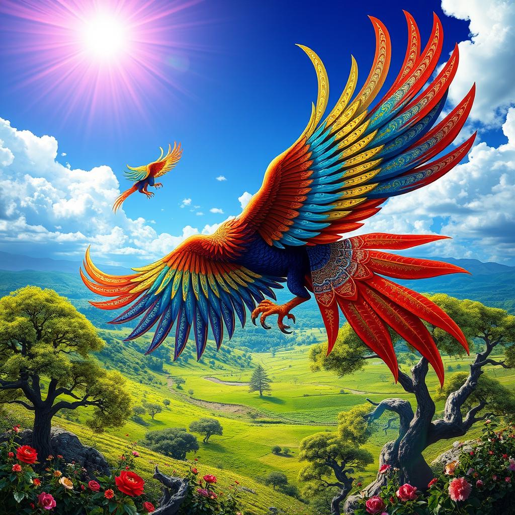 A majestic Simurgh, a mythical Persian bird, soaring gracefully through a radiant sky