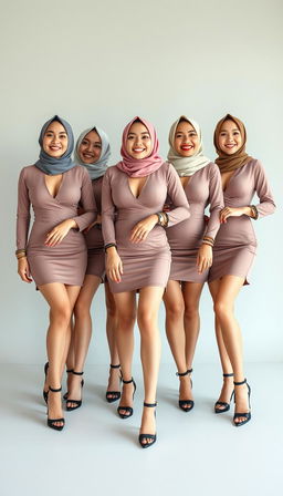Six MILF businesswomen, each 40 years old, with white skin and perfect bodies, standing confidently in high platform tied heels