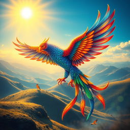 A vibrant and colorful depiction of the Simurgh, a mythical bird resembling a divine phoenix from Persian mythology