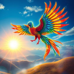 A vibrant and colorful depiction of the Simurgh, a mythical bird resembling a divine phoenix from Persian mythology