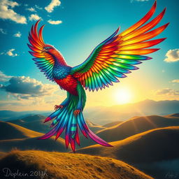 A vibrant and colorful depiction of the Simurgh, a mythical bird resembling a divine phoenix from Persian mythology