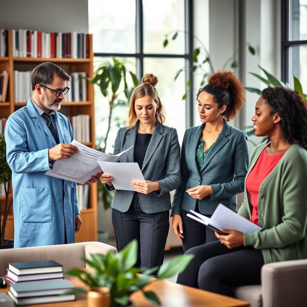 A diverse group of professionals in a modern psychology office, proudly wearing psychology uniforms
