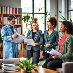 A diverse group of professionals in a modern psychology office, proudly wearing psychology uniforms
