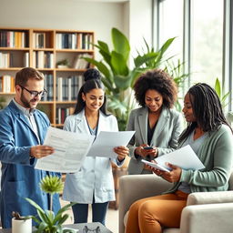 A diverse group of professionals in a modern psychology office, proudly wearing psychology uniforms