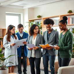 A diverse group of professionals in a modern psychology office, proudly wearing psychology uniforms