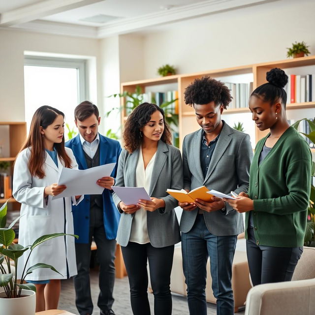 A diverse group of professionals in a modern psychology office, proudly wearing psychology uniforms