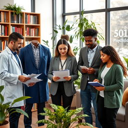 A diverse group of professionals in a modern psychology office, proudly wearing psychology uniforms