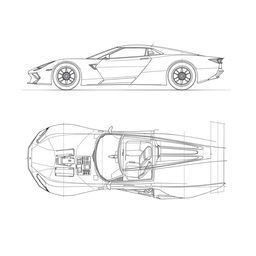 A highly detailed technical drawing of the Cadillac Project GTP car model, showcasing its blueprints and schematics