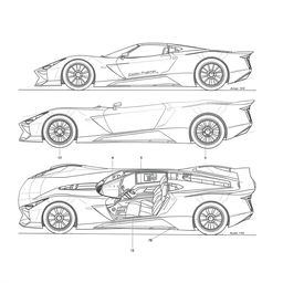 A highly detailed technical drawing of the Cadillac Project GTP car model, showcasing its blueprints and schematics