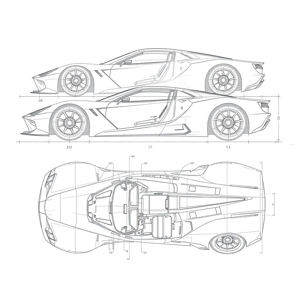 A highly detailed technical drawing of the Cadillac Project GTP car model, showcasing its blueprints and schematics