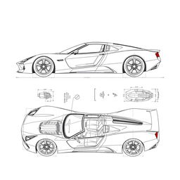 A highly detailed technical drawing of the Cadillac Project GTP car model, showcasing its blueprints and schematics