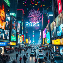 A vibrant, futuristic cityscape at night transitioning from 2024 to 2025, showcasing dazzling neon lights and high-tech architecture