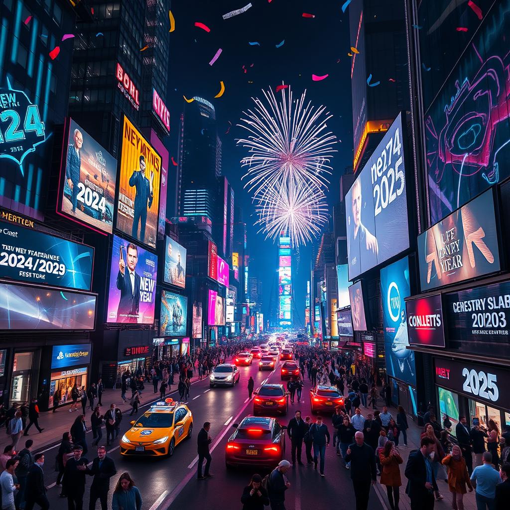 A vibrant, futuristic cityscape at night transitioning from 2024 to 2025, showcasing dazzling neon lights and high-tech architecture