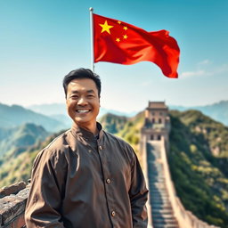 A vibrant Instagram banner featuring a smiling Chinese man with a joyful expression, standing against the backdrop of the Great Wall of China