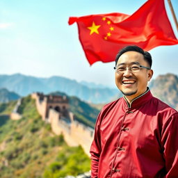 A vibrant Instagram banner featuring a smiling Chinese man with a joyful expression, standing against the backdrop of the Great Wall of China