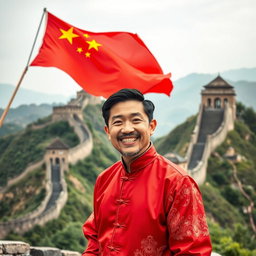 A vibrant Instagram banner featuring a smiling Chinese man with a joyful expression, standing against the backdrop of the Great Wall of China