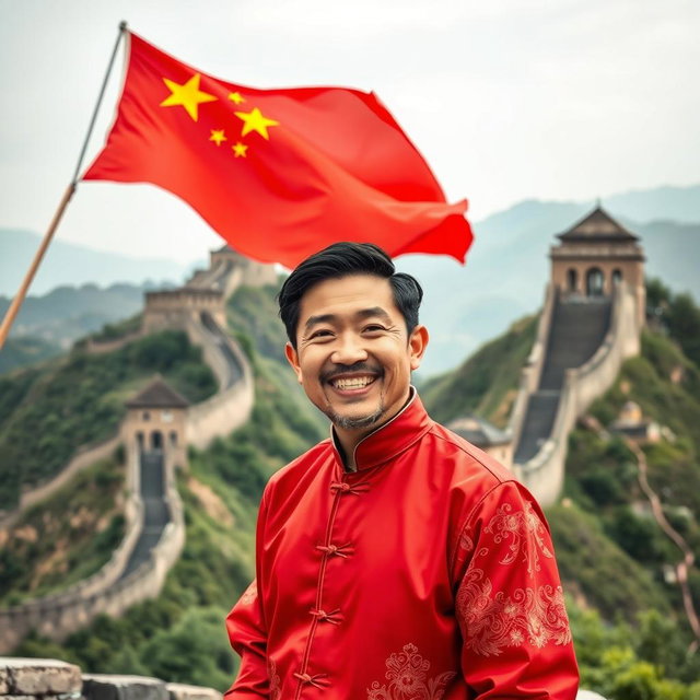 A vibrant Instagram banner featuring a smiling Chinese man with a joyful expression, standing against the backdrop of the Great Wall of China