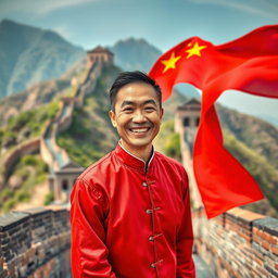A vibrant Instagram banner featuring a smiling Chinese man with a joyful expression, standing against the backdrop of the Great Wall of China