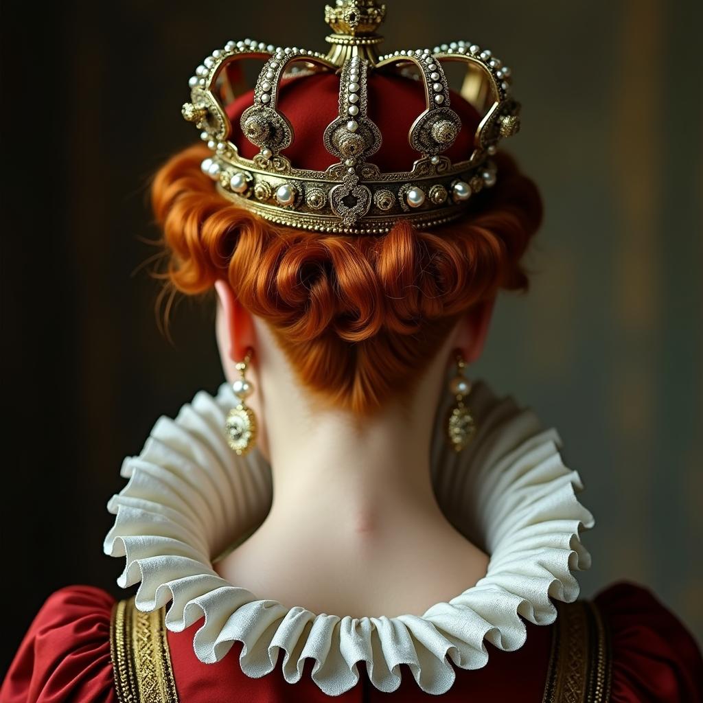 A royal portrait from the back view of Queen Elizabeth I, elegantly adorned with a detailed steampunk crown encrusted with pearls, showcasing her iconic ruff collar