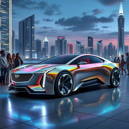 A futuristic scene featuring a sleek, advanced Cadillac vehicle designed for a project called GTP (Generalized Transport Project)