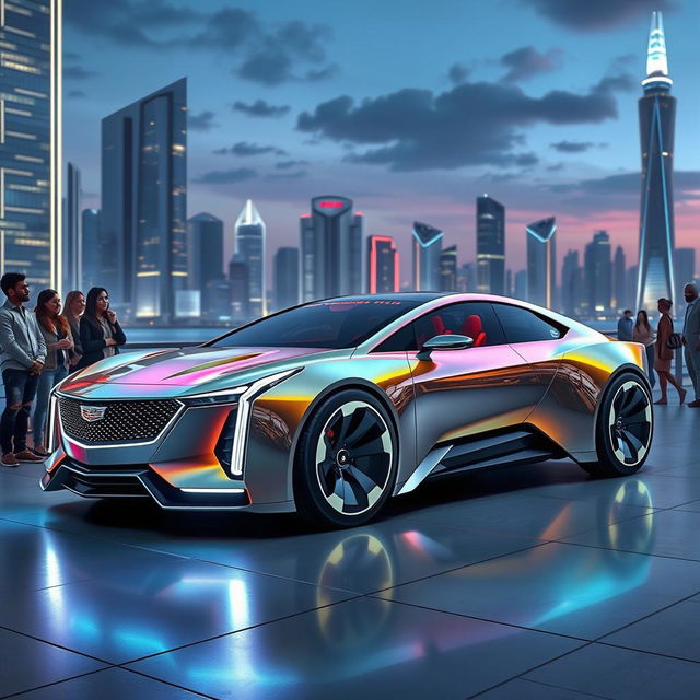 A futuristic scene featuring a sleek, advanced Cadillac vehicle designed for a project called GTP (Generalized Transport Project)