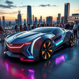 A futuristic scene featuring a sleek, advanced Cadillac vehicle designed for a project called GTP (Generalized Transport Project)