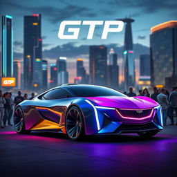 A futuristic scene featuring a sleek, advanced Cadillac vehicle designed for a project called GTP (Generalized Transport Project)