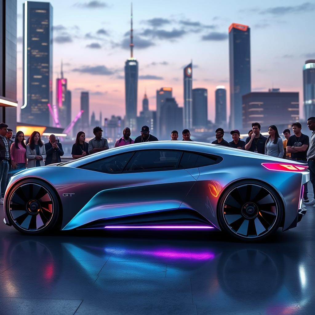 A futuristic scene featuring a sleek, advanced Cadillac vehicle designed for a project called GTP (Generalized Transport Project)
