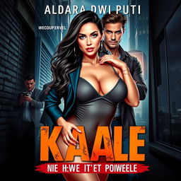 An engaging novel cover featuring Aldara Dwi Putri, a beautiful woman with curvy proportions, in a dramatic urban setting