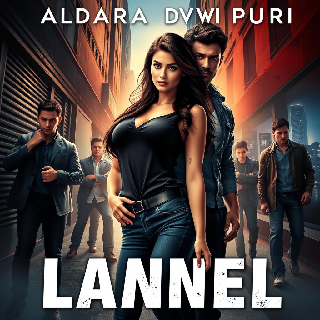 An engaging novel cover featuring Aldara Dwi Putri, a beautiful woman with curvy proportions, in a dramatic urban setting