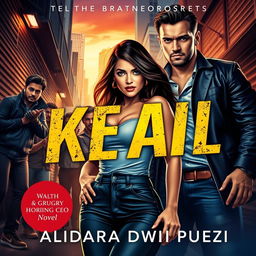 An engaging novel cover featuring Aldara Dwi Putri, a beautiful woman with curvy proportions, in a dramatic urban setting