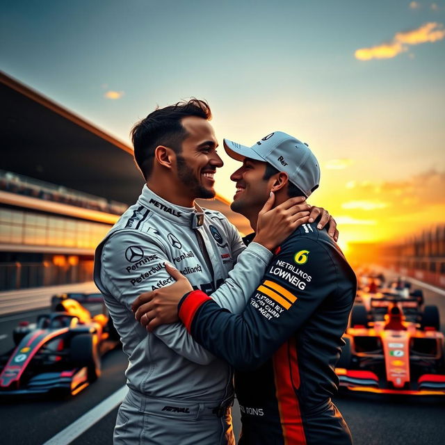 A heartwarming and vibrant scene depicting Lewis Hamilton and Nico Rosberg in a romantic embrace, set against a picturesque backdrop of a racetrack during sunset