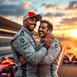 A heartwarming and vibrant scene depicting Lewis Hamilton and Nico Rosberg in a romantic embrace, set against a picturesque backdrop of a racetrack during sunset