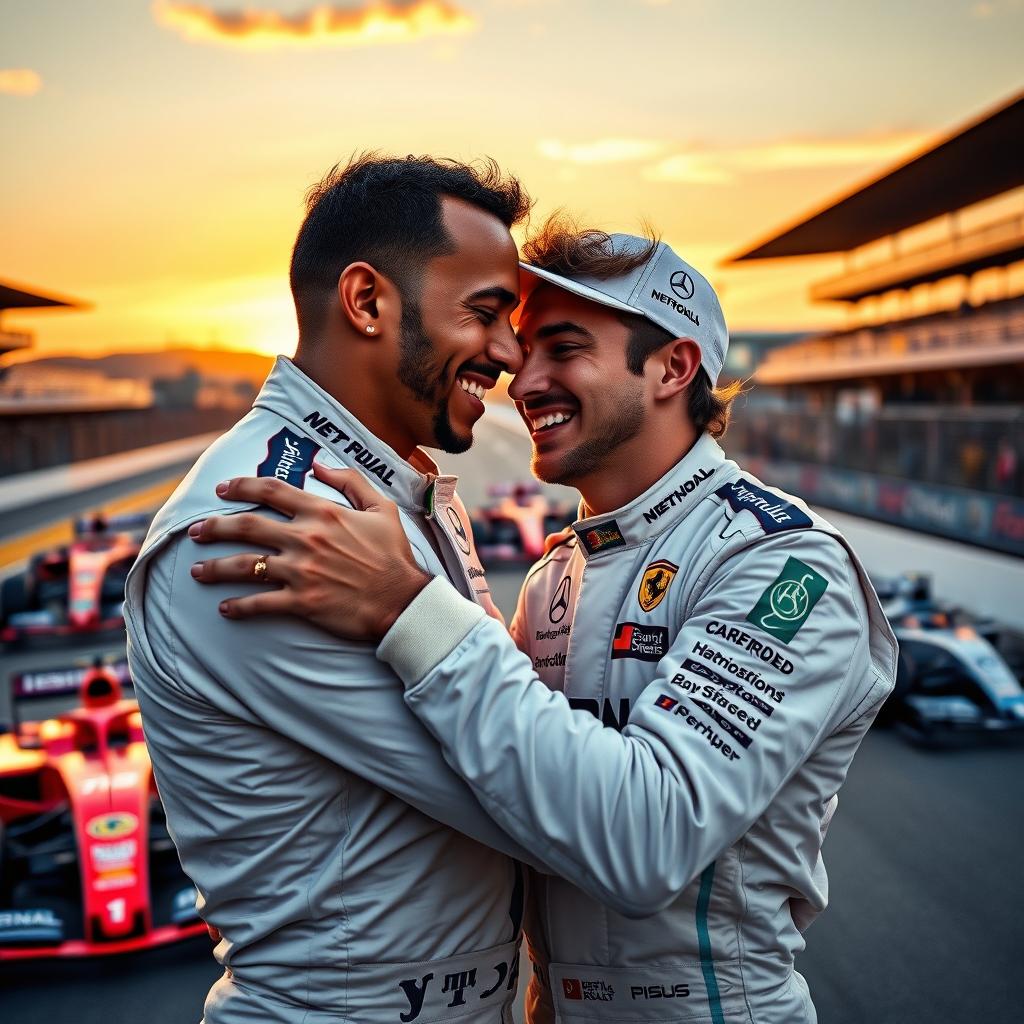 A heartwarming and vibrant scene depicting Lewis Hamilton and Nico Rosberg in a romantic embrace, set against a picturesque backdrop of a racetrack during sunset