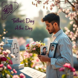 A touching Father's Day scene featuring a young man visiting his father's grave to pay respect, surrounded by blooming flowers and soft sunlight