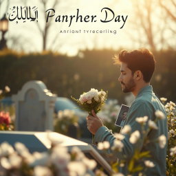 A touching Father's Day scene featuring a young man visiting his father's grave to pay respect, surrounded by blooming flowers and soft sunlight