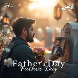 A touching Father's Day scene featuring a young man visiting his father's grave to pay respect, surrounded by blooming flowers and soft sunlight