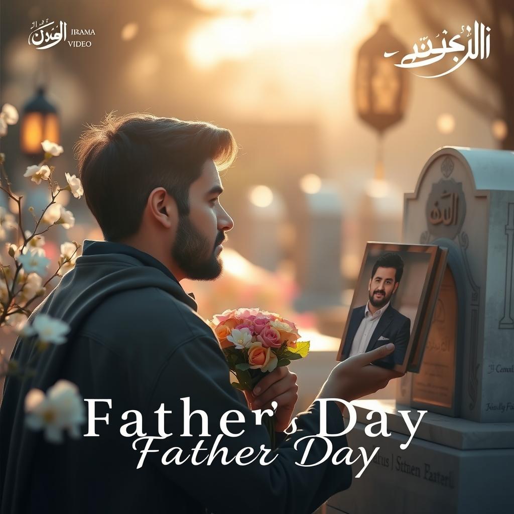 A touching Father's Day scene featuring a young man visiting his father's grave to pay respect, surrounded by blooming flowers and soft sunlight