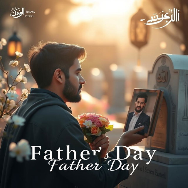 A touching Father's Day scene featuring a young man visiting his father's grave to pay respect, surrounded by blooming flowers and soft sunlight