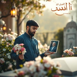 A touching Father's Day scene featuring a young man visiting his father's grave to pay respect, surrounded by blooming flowers and soft sunlight