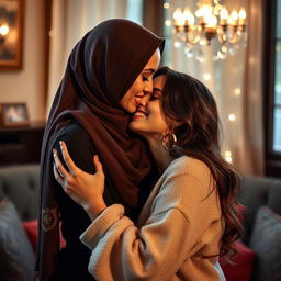 Hülya Avşar, a stunning Turkish actress and singer, wearing a stylish headscarf (türban), passionately embracing a beautiful young woman who is her girlfriend