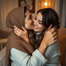 Hülya Avşar, a stunning Turkish actress and singer, wearing a stylish headscarf (türban), passionately embracing a beautiful young woman who is her girlfriend
