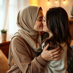 Hülya Avşar, a stunning Turkish actress and singer, wearing a stylish headscarf (türban), passionately embracing a beautiful young woman who is her girlfriend