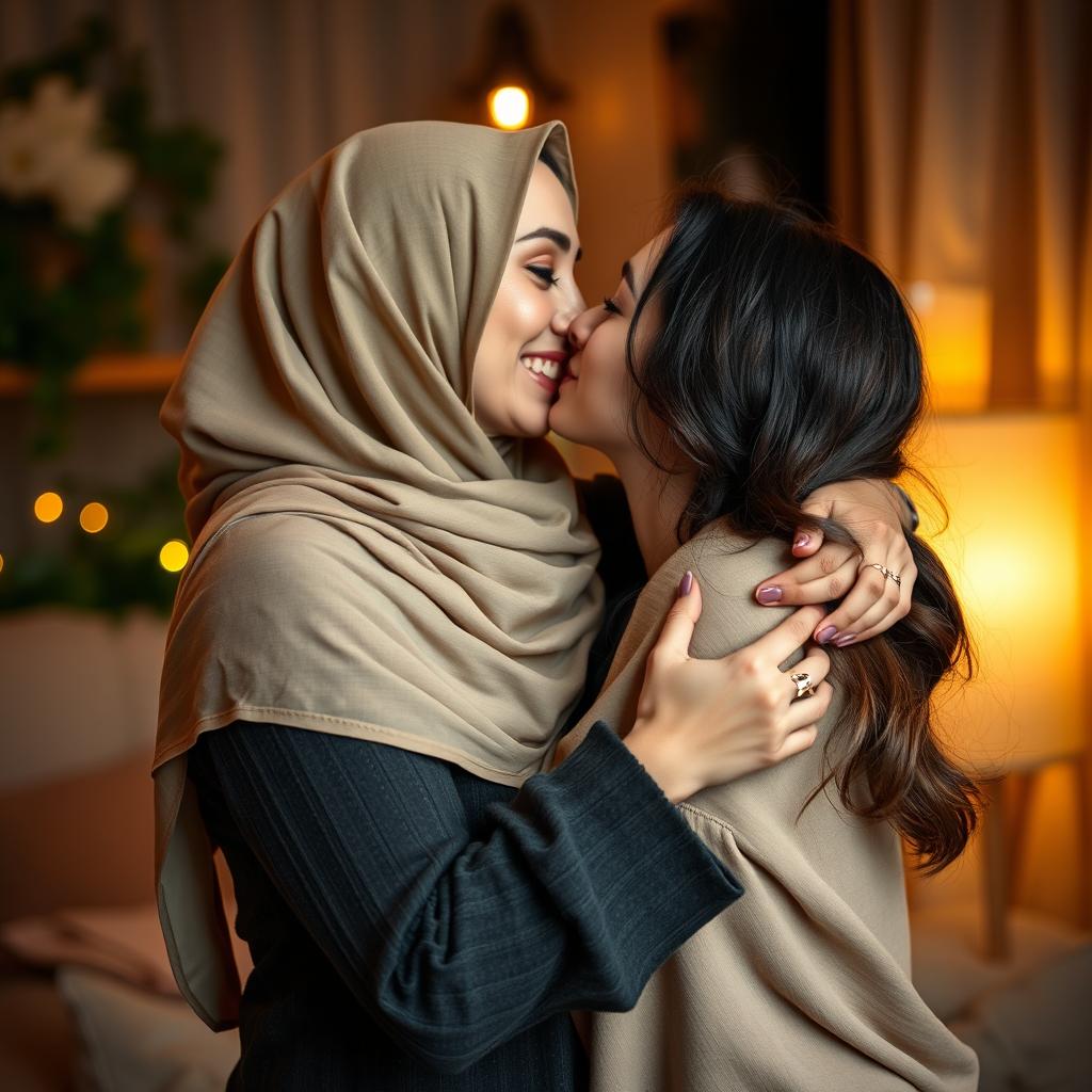 Hülya Avşar, a stunning Turkish actress and singer, wearing a stylish headscarf (türban), passionately embracing a beautiful young woman who is her girlfriend